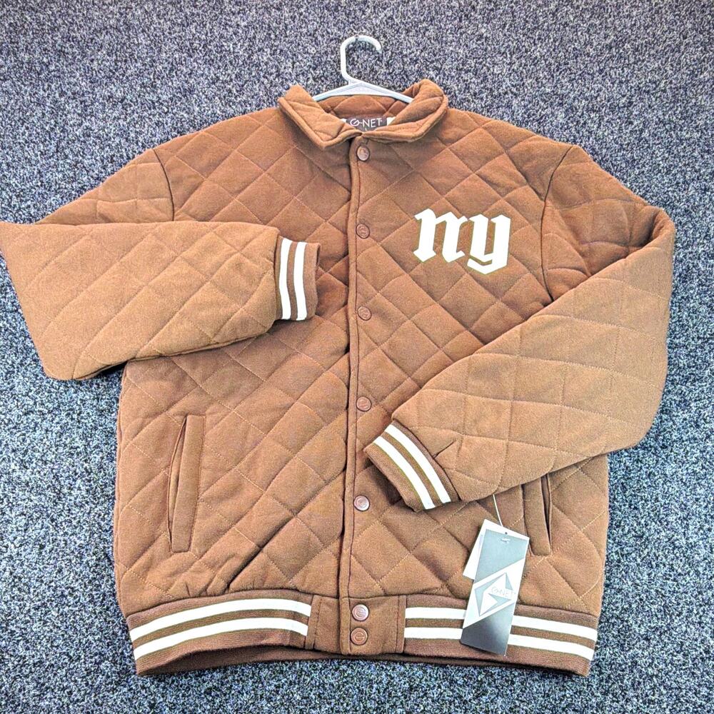 G-NET Quilted Varsity Jacket Snap Front Logo Accents Brown/Ecru Men’s L